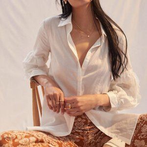 Anthropologie White Button-down Tunic with Ruffles XS